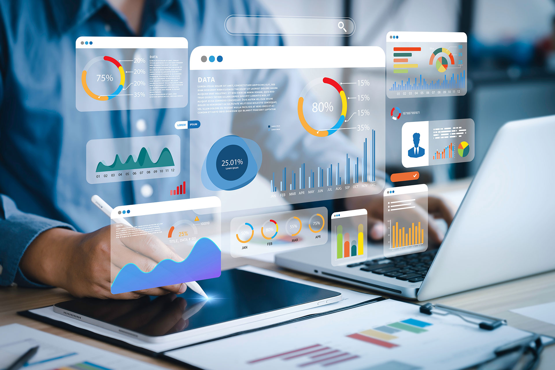 Analyst uses a computer and dashboard for AI business analysis and Data Management System with KPI and metrics connected to the database for technology finance, operations, sales, marketing