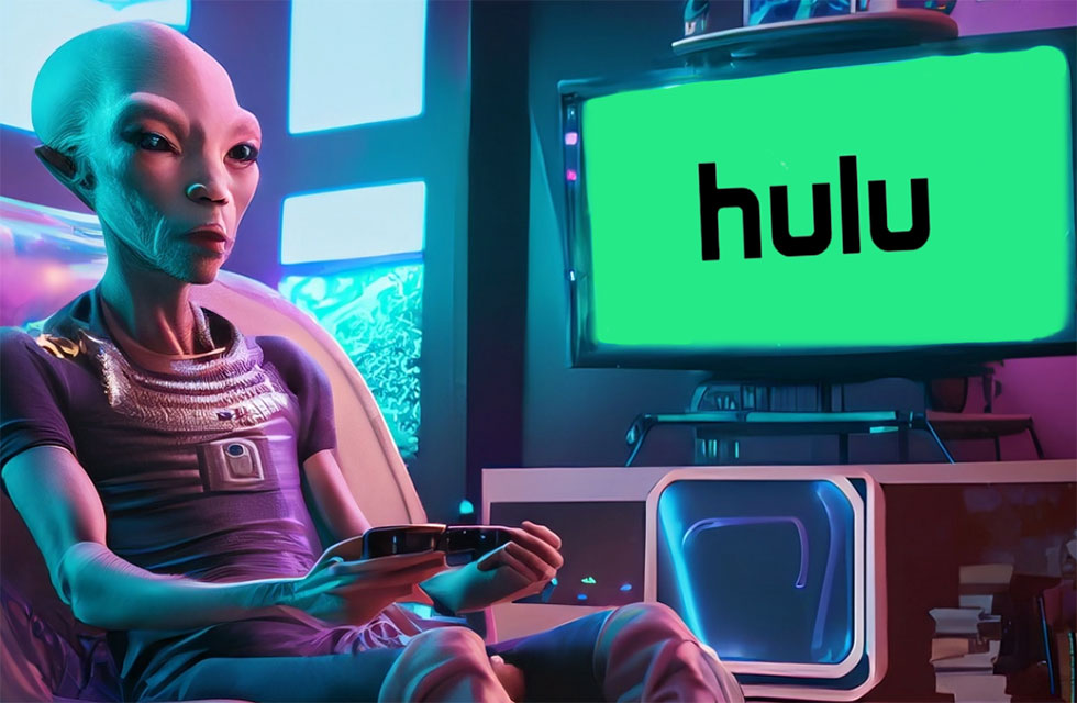Martian Sitting in the living room watching streaming services with Hulu logo on the screen. OTT Advertising AI generated