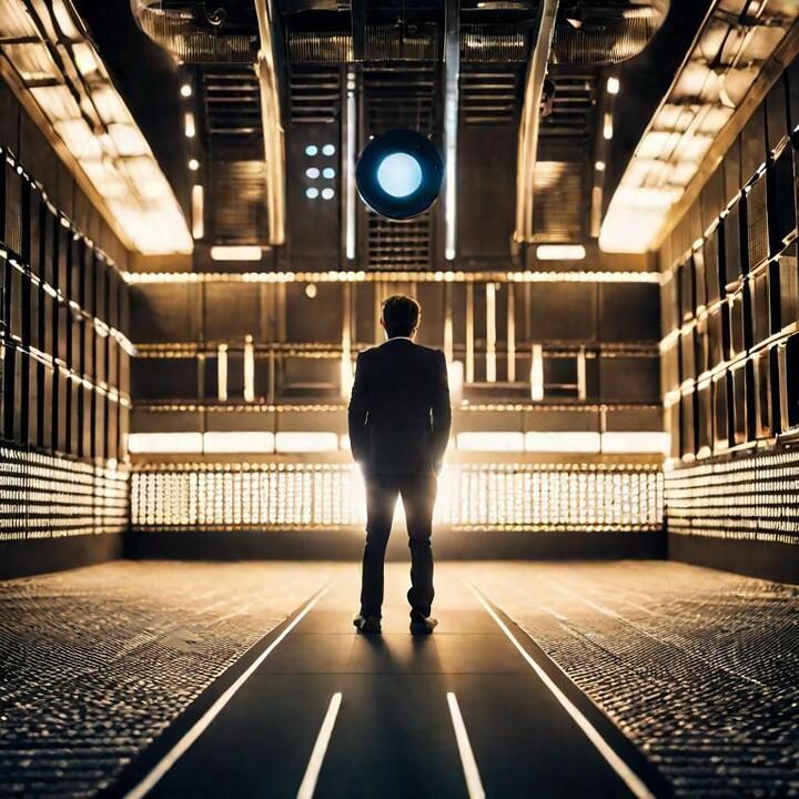 Man standing on dark flooring with lights all around the room and an AI eye looks at him as he faces into it