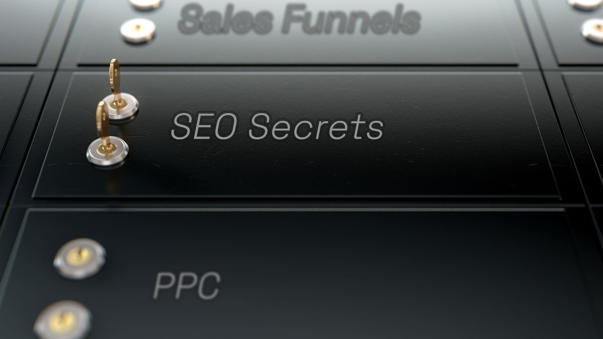 Safe Deposit Boxes Labeled SEO Secrets with keys in it and blurred out boxes labeled PPC and Sales Funnels