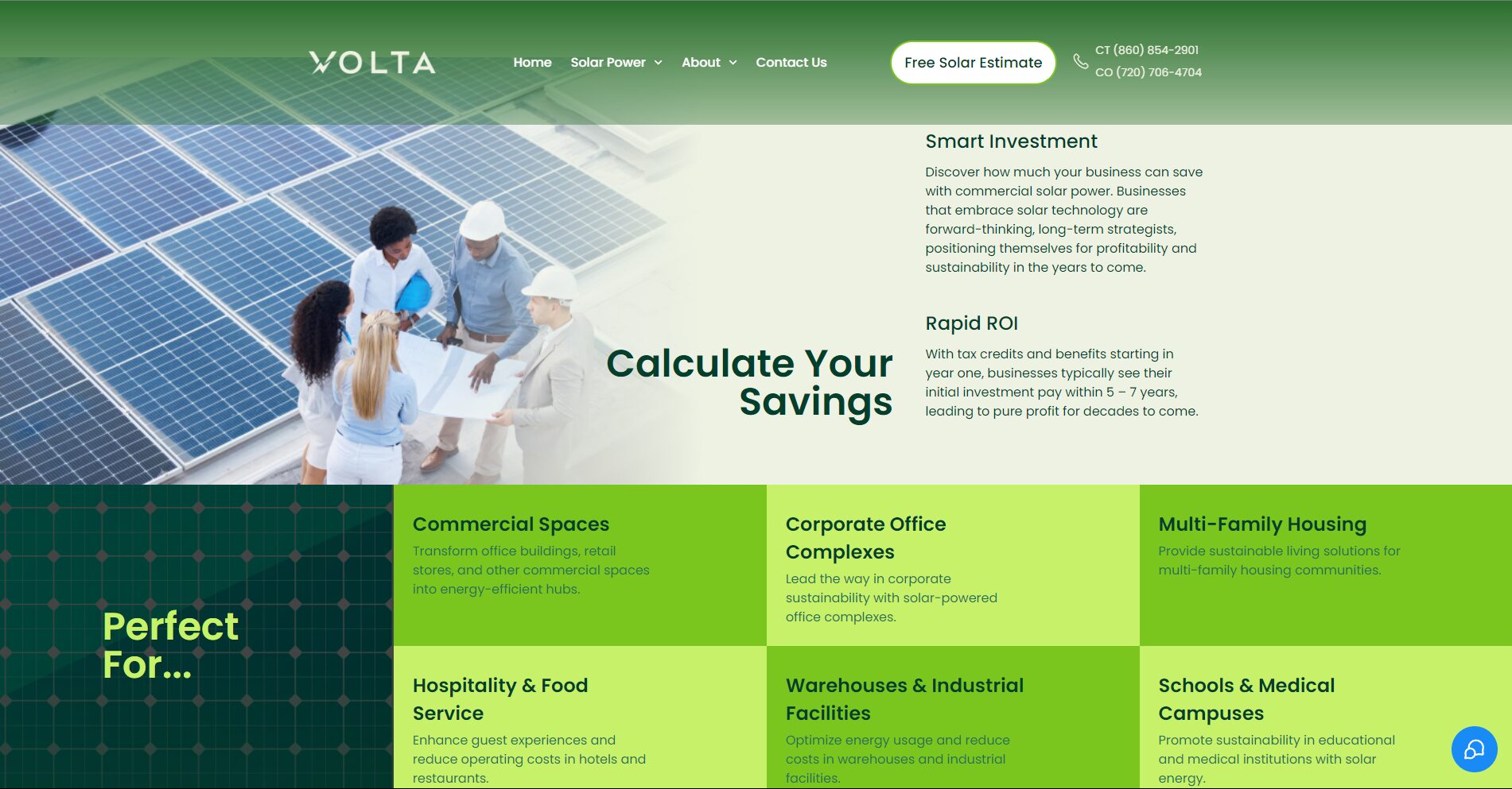 Screenshot of a solar website commercial solar page and design of the site