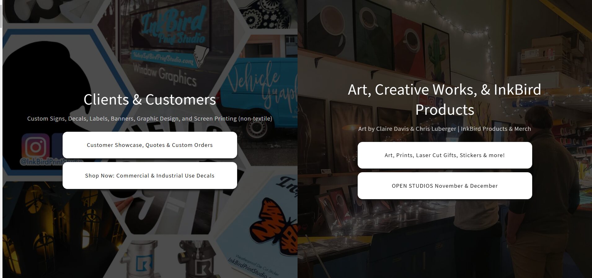 Website photo of InkBird Print Studio showcasing service offerings