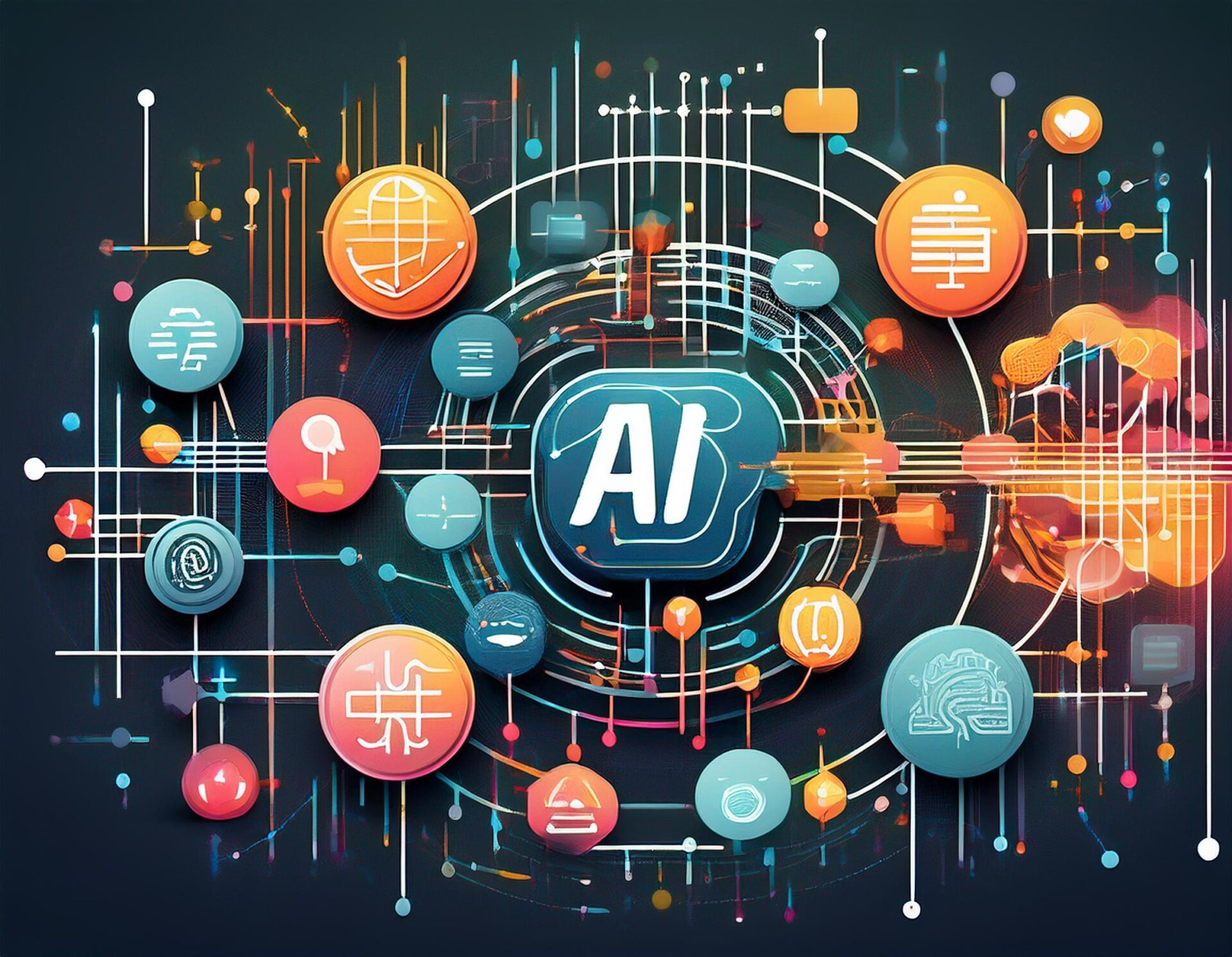 An abstract graphic showing a blend of text, language symbols, and AI icons to represent the intersection of language and artificial intelligence