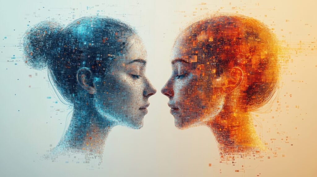 Natural Language Processing with two faces mirroring each other with digitally altered features.