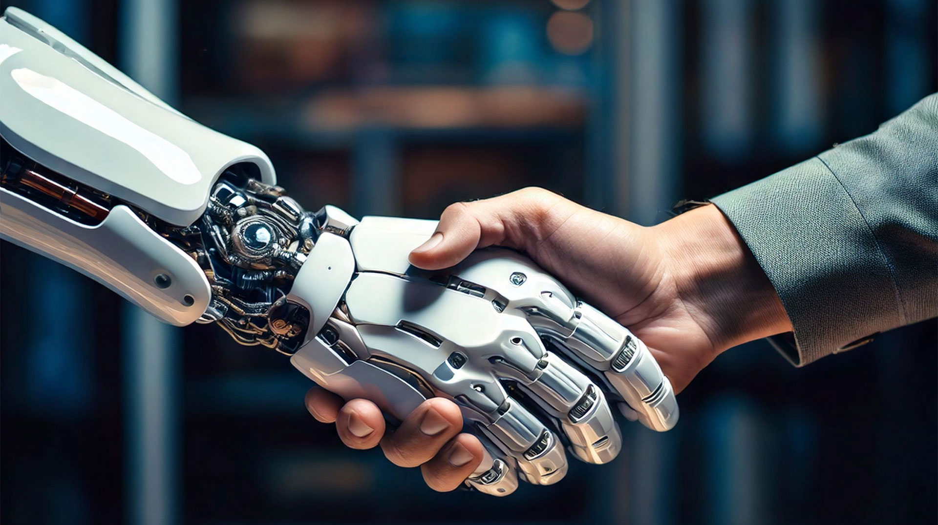 Robotic hand shaking the hand of a human woman.