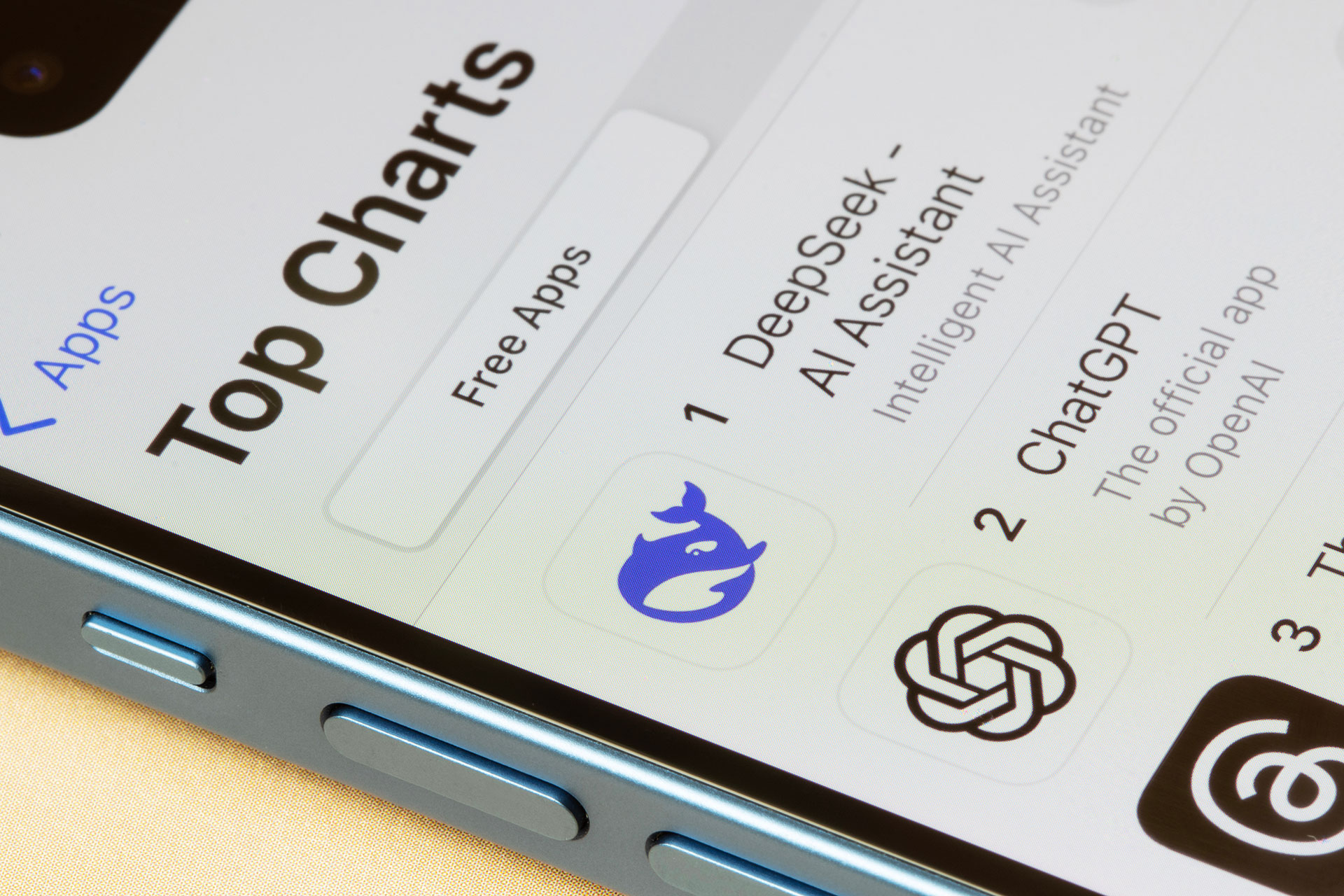 App Store's top charts are seen on the screen of an iPhone. DeepSeek AI assistant app has displaced OpenAI's ChatGPT as the App Store's top app