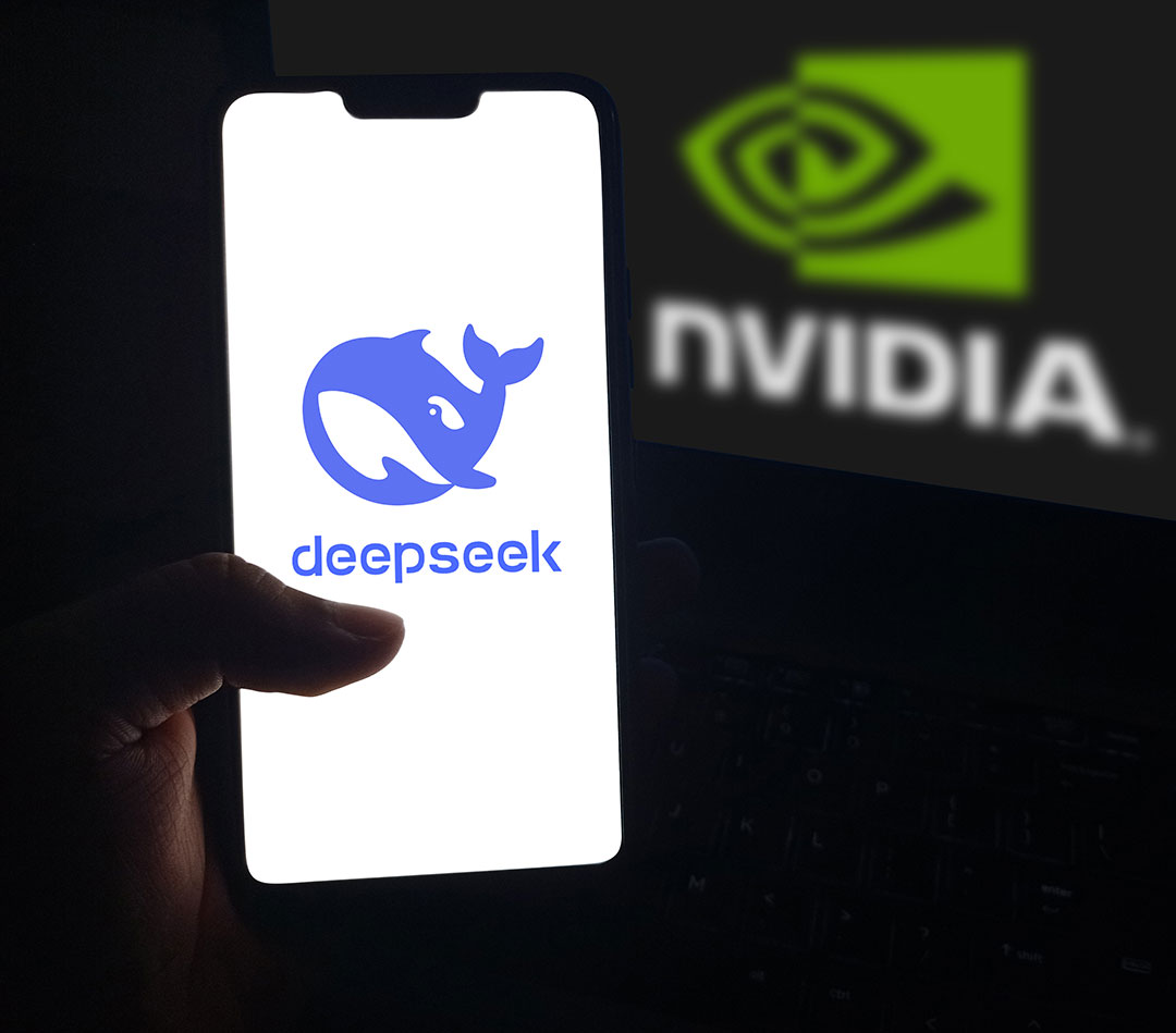 DeepSeek AI Logo on a phone with Nvidia Logo in the background