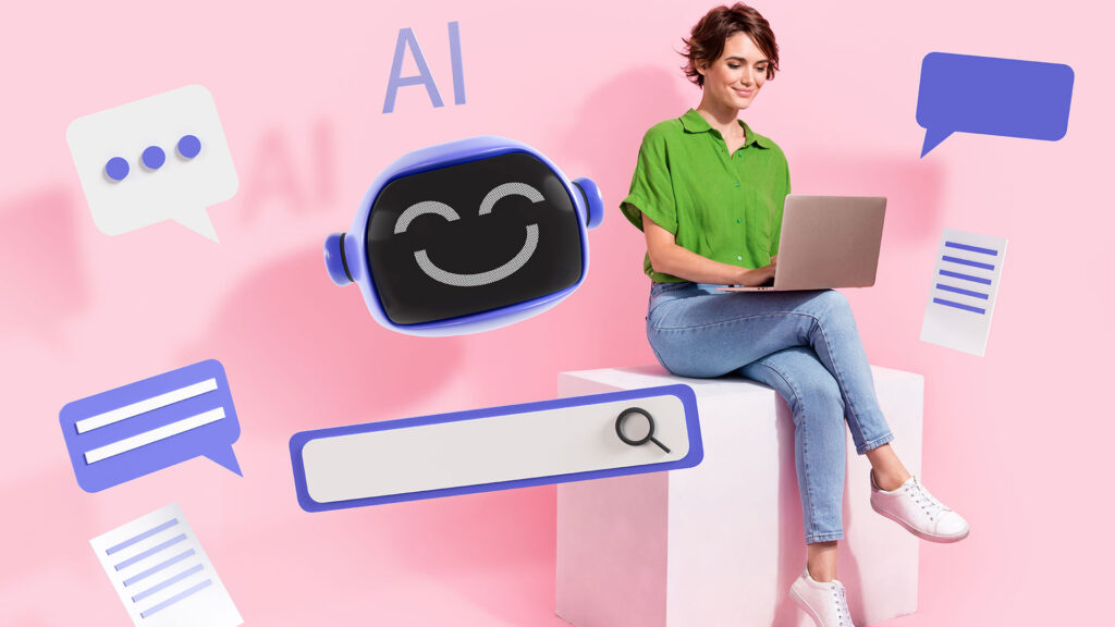 AI search engine collage with a woman sitting on a box and a search bar in frame with message bubble pop-ups