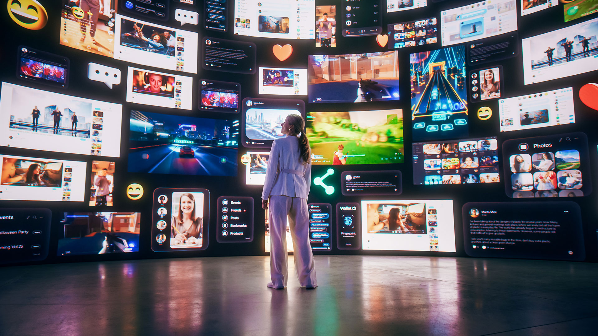Woman looking at a wall of various social media posts, videos, streams, and emoticons