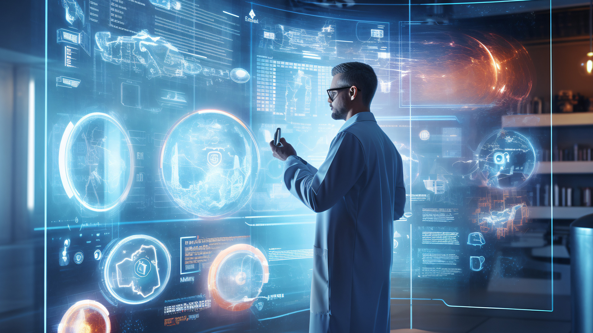 Doctor looking at a digital display of medical readings that are holographic