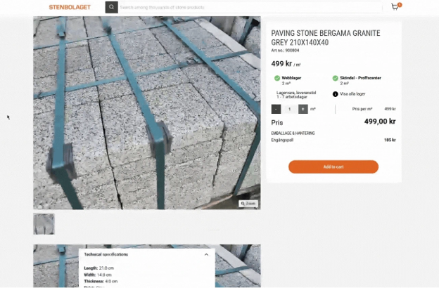 Product inner page with bulk paving granite paving stones on a pallet
