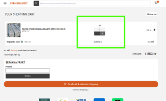 Shopping cart screen on Stenbolaget’s website with product added