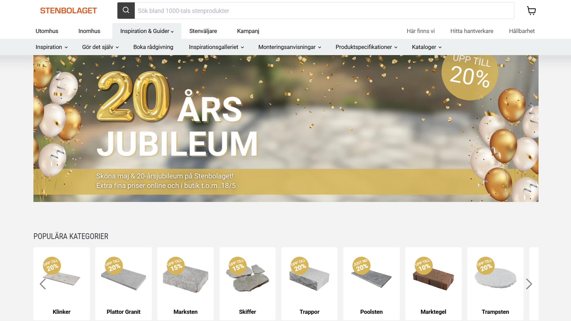Homepage of Stenbolaget tile with 20th anniversary tile sale prices