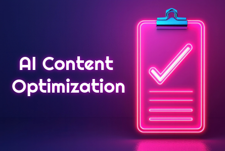 Text that reads AI content Optimizaiton with a clipboard that has a neon glow to it.