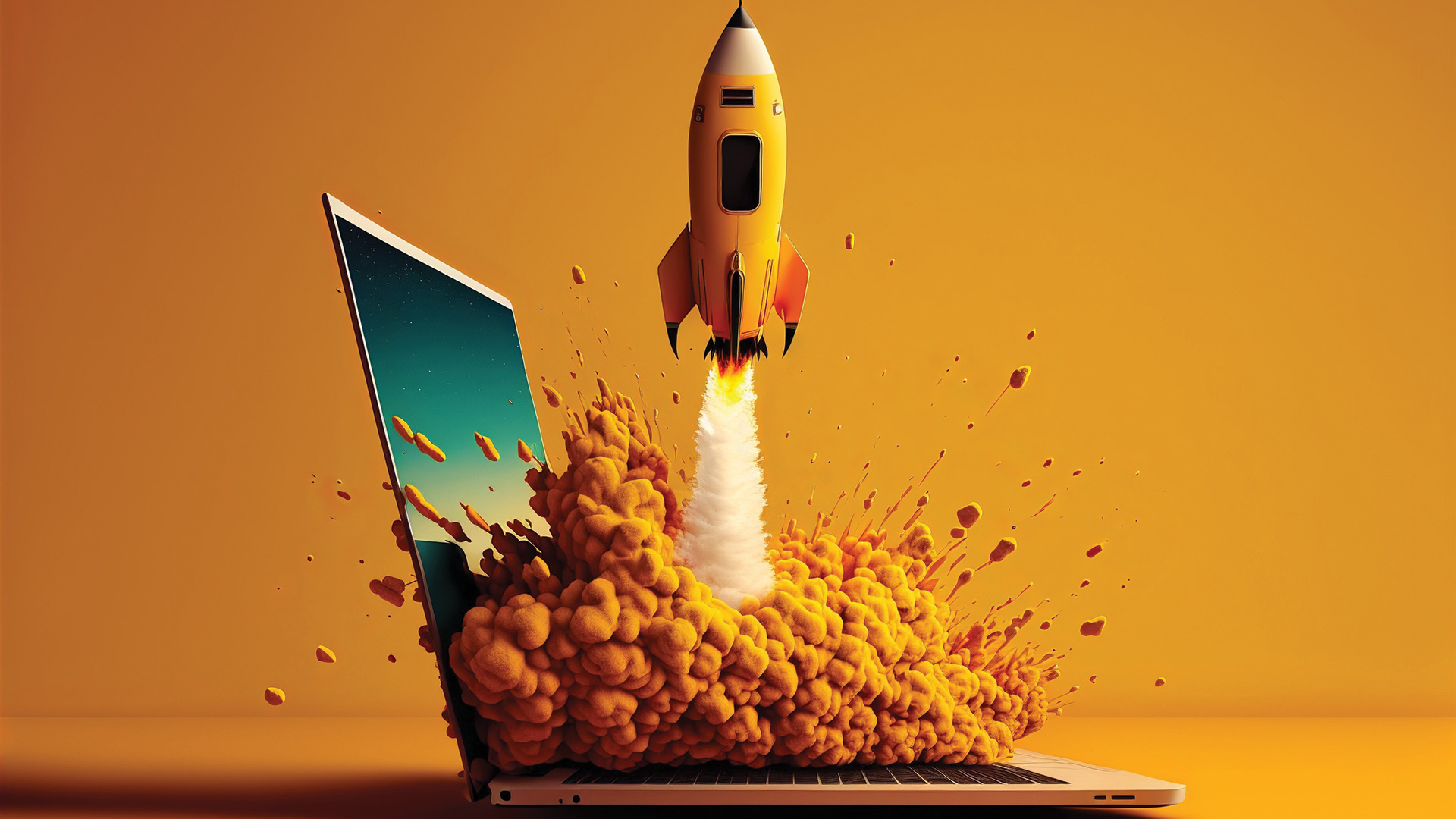 Rocketship flying out of a laptop computer